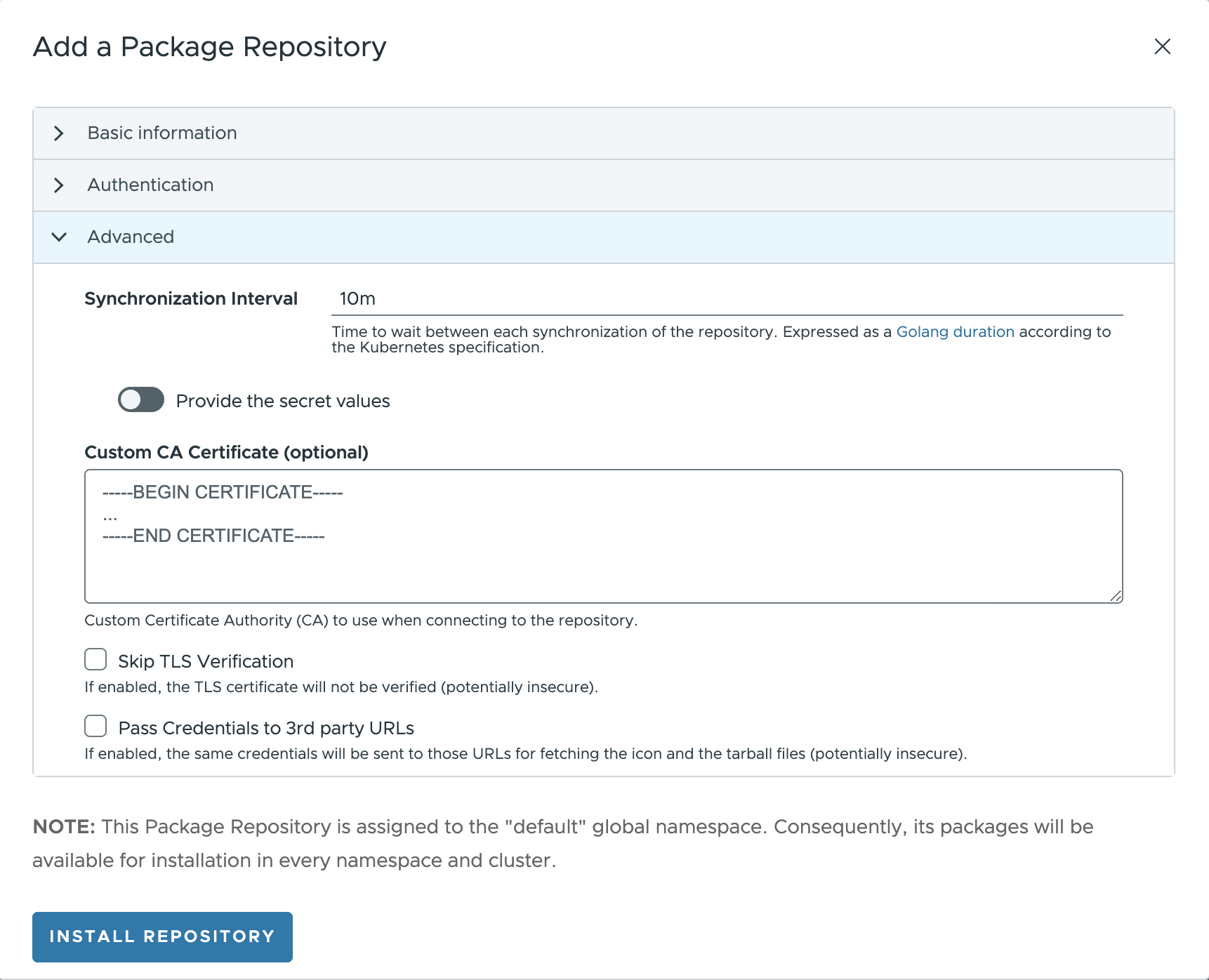 Package Repository advanced tab Flux