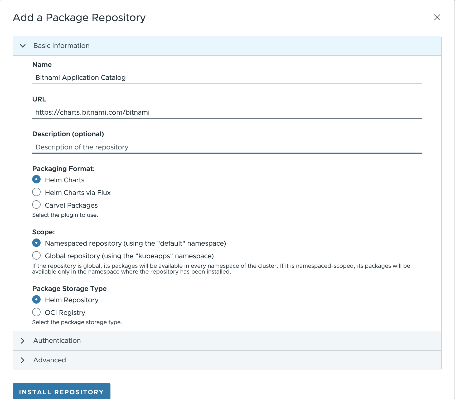 Add Package repository pop-up